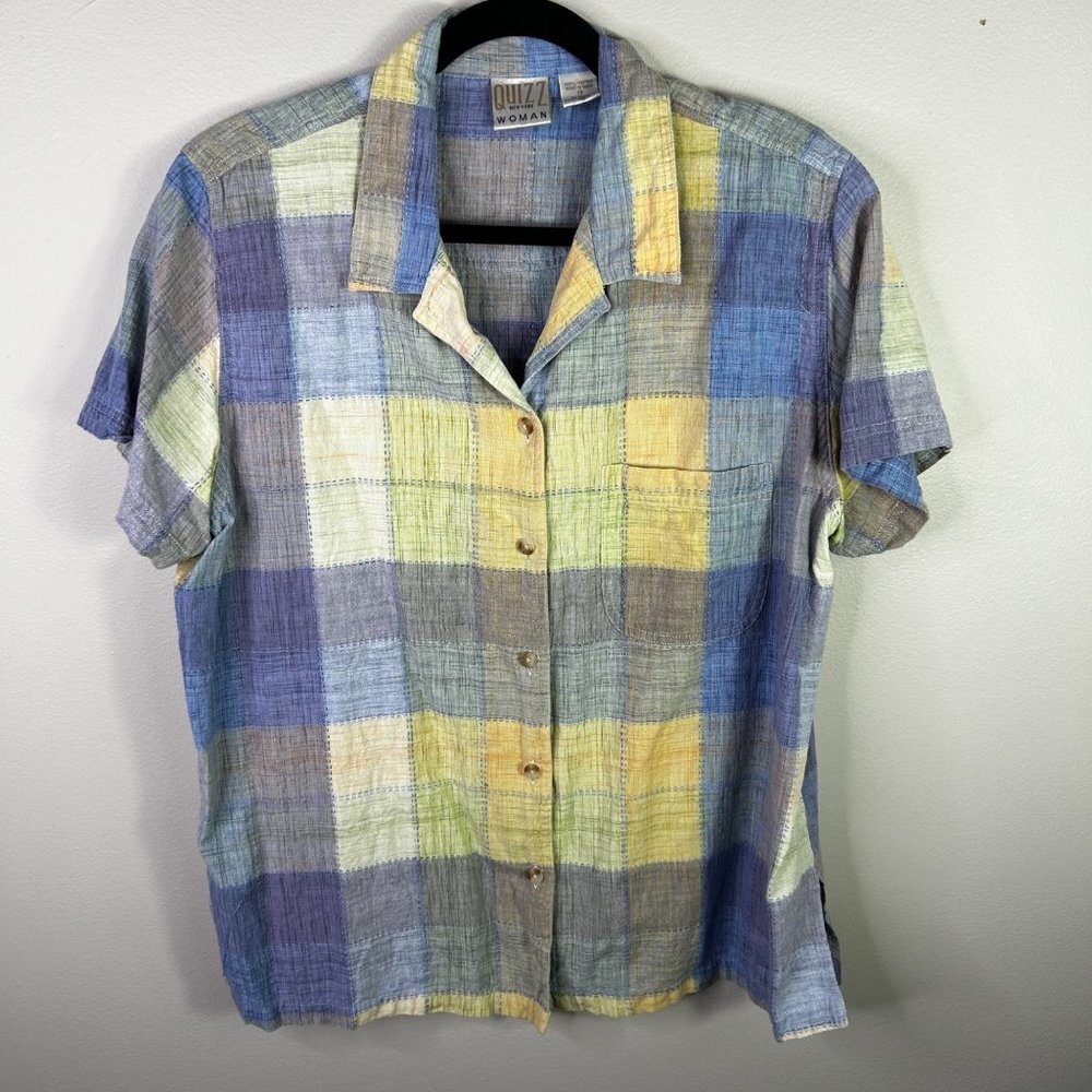 Quizz New York Woman Plaid Cotton Button Up Shirt Short Sleeve Blue Yellow Sz 18